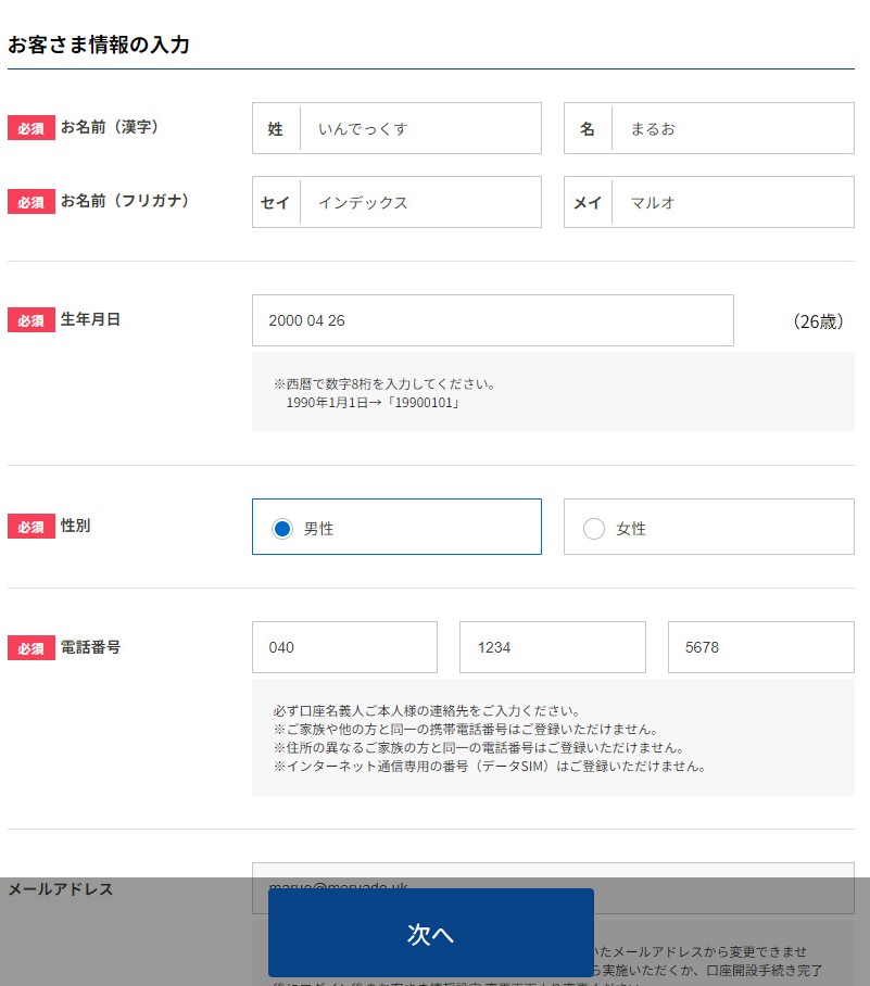 氏名・生年月日・電話番号の入力画面
